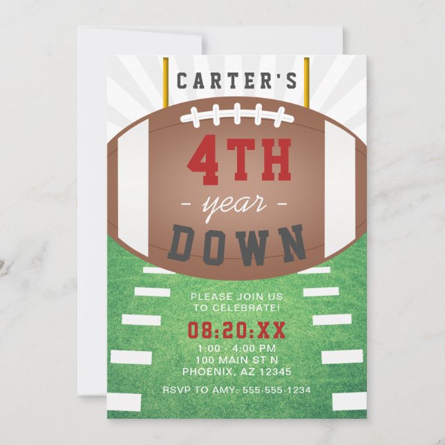 Fourth Year Down Football Theme 4th Birthday Invitation (Front)