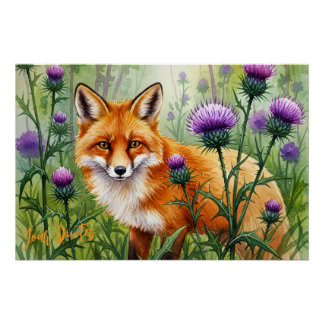 Fox Among Purple Thistle Flowers Watercolor Poster