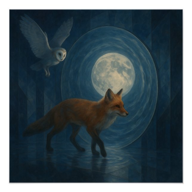 Fox and Barn Owl Under the Moonlit Portal – GeoWil Poster (Front)