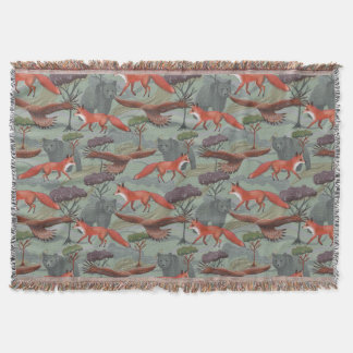 Fox and bear green throw blanket
