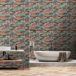Fox and bear green wallpaper