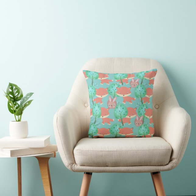 Fox and Bunny Woodland Pattern Cushion (Chair)