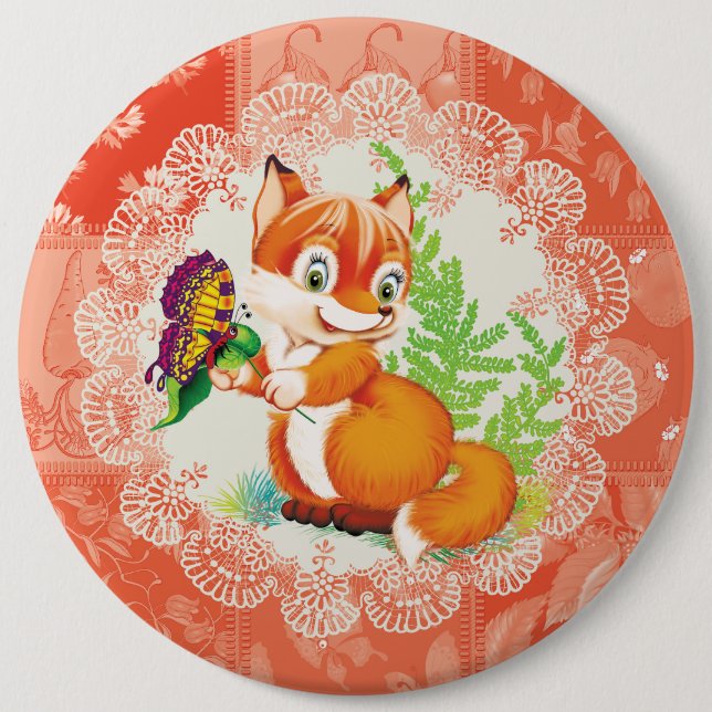 fox and butterfly 6 cm round badge (Front)