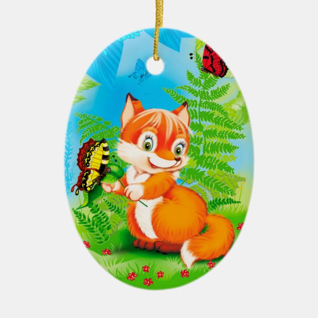 fox and butterfly ceramic tree decoration (Front)