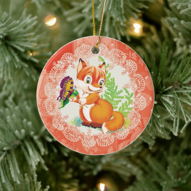 fox and butterfly pattern ceramic tree decoration (Tree)
