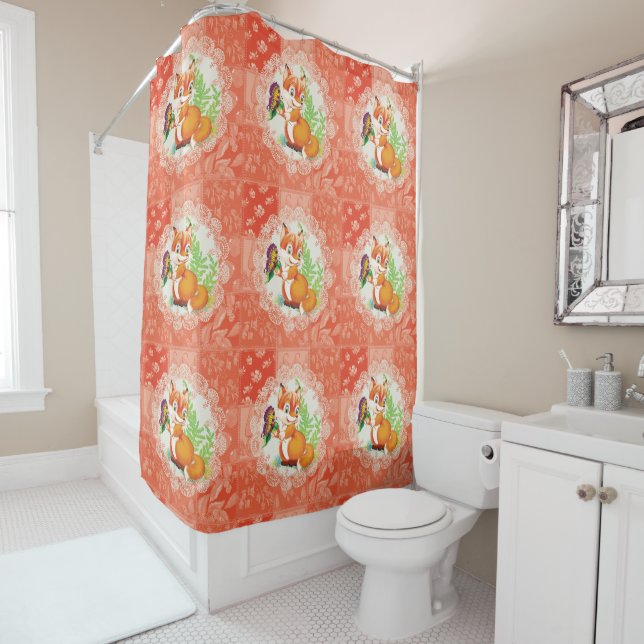 fox and butterfly pattern shower curtain (In Situ)