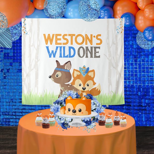 Fox and Deer Wild One Forest Trees Party Backdrop Tapestry (Personalized Tribal Forest Fox and Deer Woodland Wild One 1st Birthday Backdrop. 4 Sizes Available)