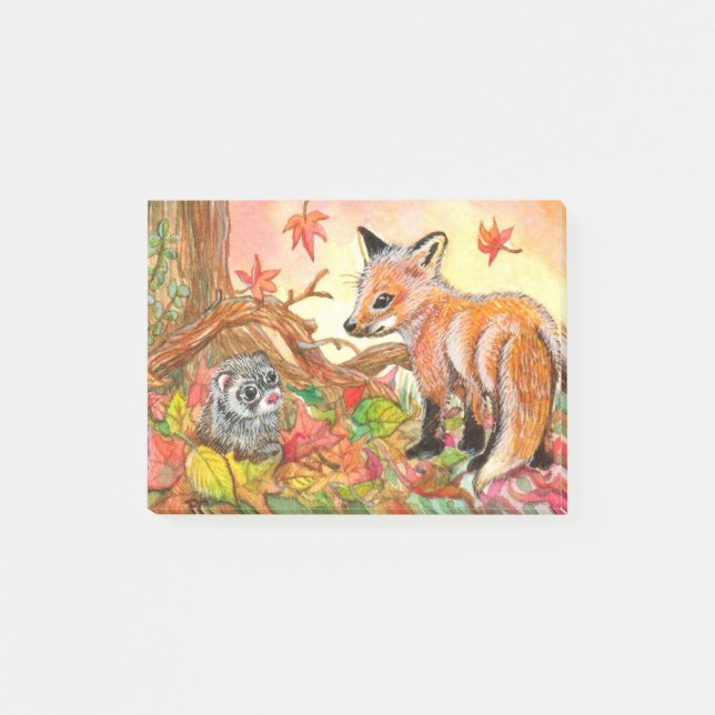 Fox and Ferret in Autumn Leaves Post-it Notes (Front)
