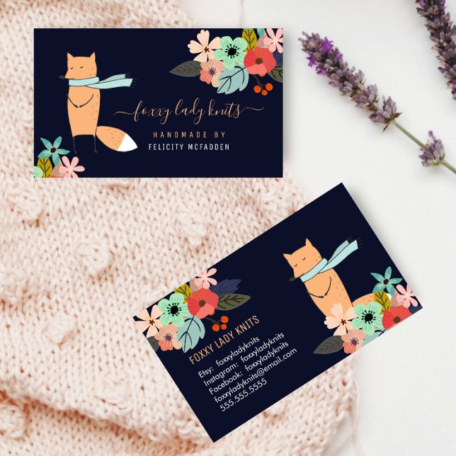Fox and Floral Small Business Business Card (Fox and floral business card front and back view.)