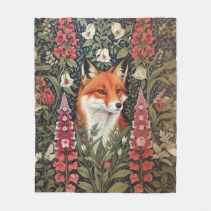 Fox and Foxglove Flowers William Morris Inspired Fleece Blanket