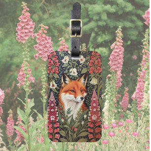 Fox and Foxglove Flowers William Morris Inspired Luggage Tag