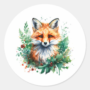 Fox and Holly with Red Berries Classic Round Sticker