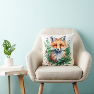 Fox and Holly with Red Berries Cushion