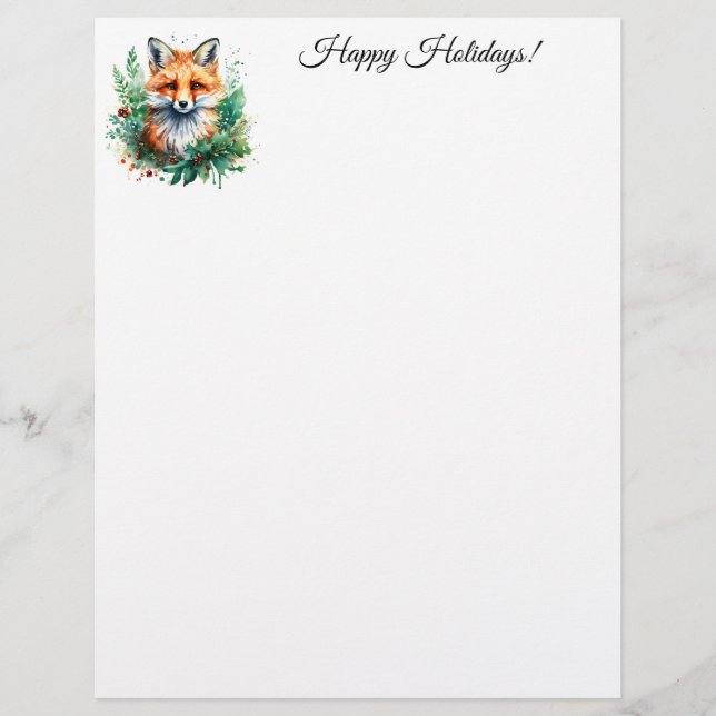 Fox and Holly with Red Berries Custom Letterhead (Front)