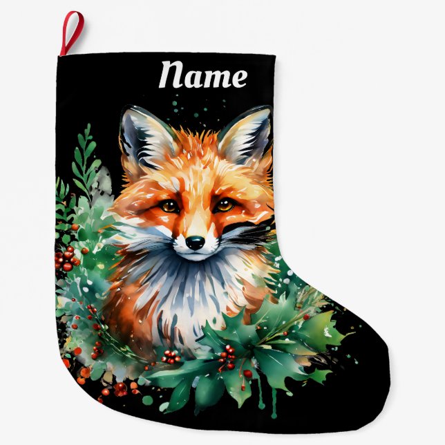 Fox and Holly with Red Berries Large Christmas Stocking (Front)