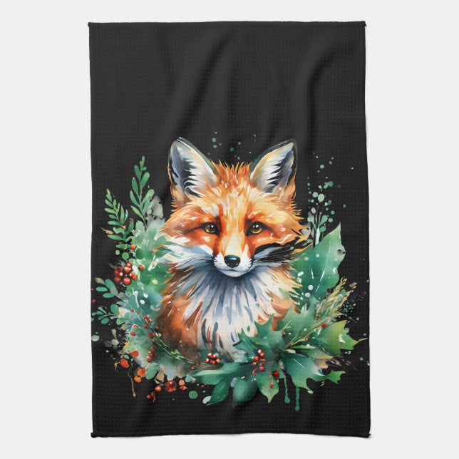 Fox and Holly with Red Berries Tea Towel (Vertical)