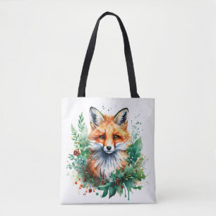 Fox and Holly with Red Berries Tote Bag