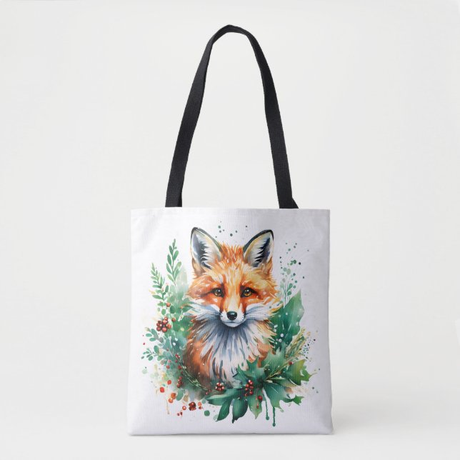Fox and Holly with Red Berries Tote Bag (Front)