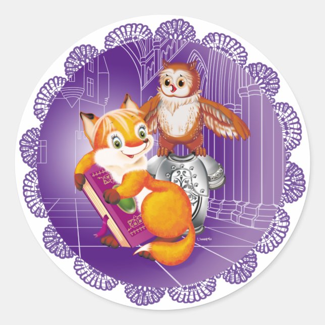 fox and owl classic round sticker (Front)