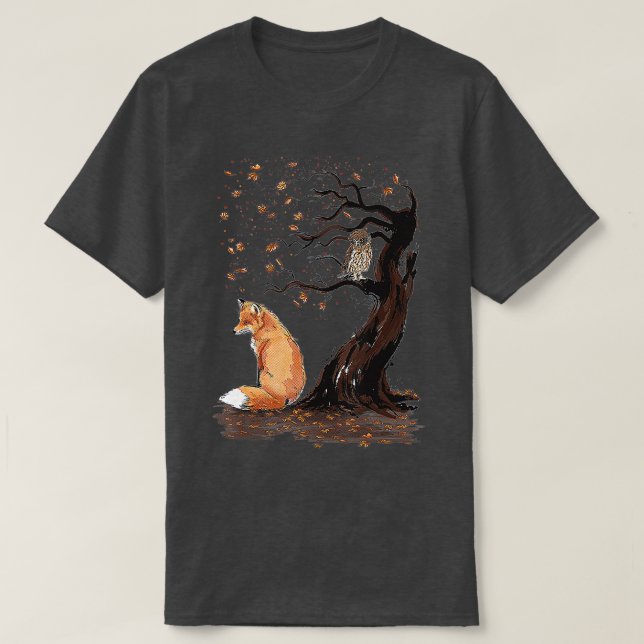 Fox and Owl on the Tree Animal Lover Cute autumn l T-Shirt (Design Front)