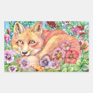 Fox and Pansies Rectangular Sticker