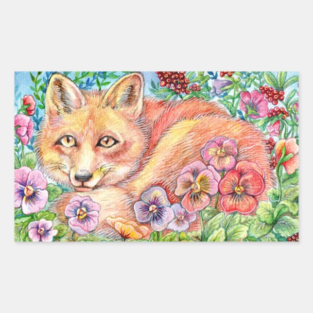 Fox and Pansies Rectangular Sticker (Front)