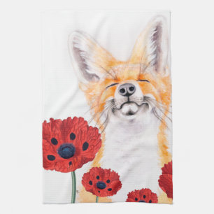fox and poppies tea towel