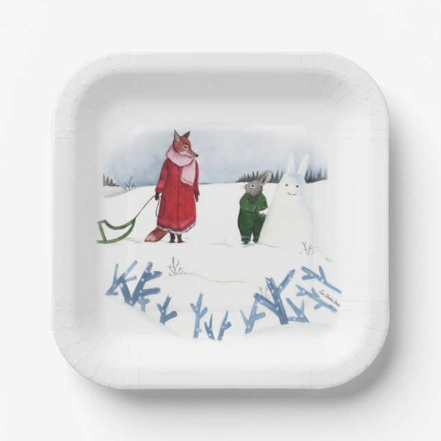 Fox And Rabbit Illustration Holiday Snow Christmas Paper Plate (Front)