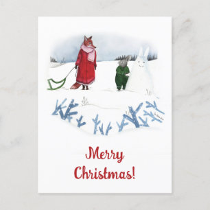 Fox And Rabbit Winter Illustration Christmas Postcard