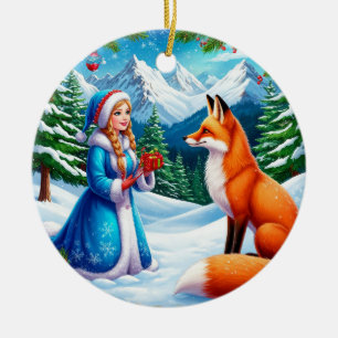 Fox and Snow Maiden in Winter Woodland Scene Ceramic Tree Decoration