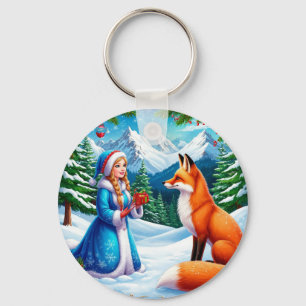 Fox and Snow Maiden in Winter Woodland Scene Key Ring