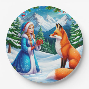Fox and Snow Maiden in Winter Woodland Scene Paper Plate