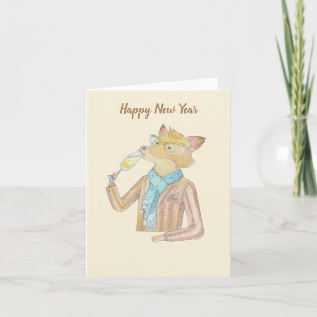 Fox and Sparkling wine new year greeting card (Front)