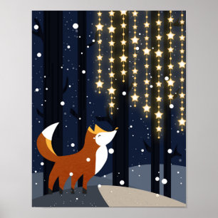 Fox and strings of star lights in the snowy forest poster