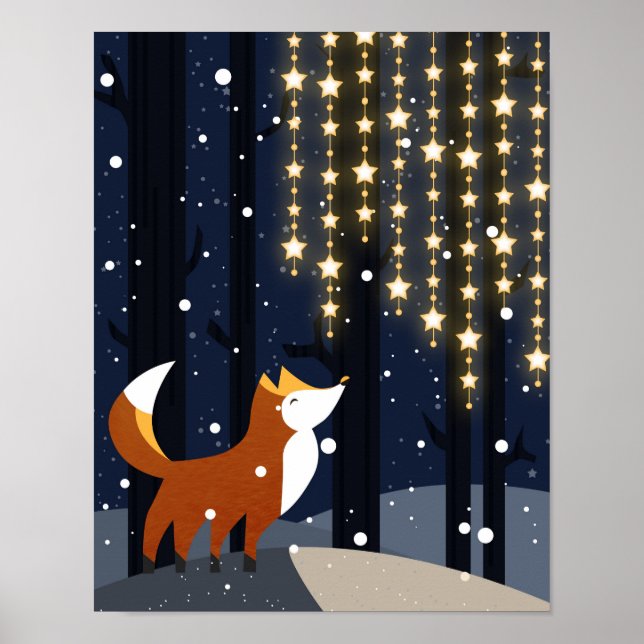 Fox and strings of star lights in the snowy forest poster (Front)