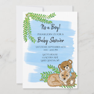 Fox and Teddy Bear and Greenery Boy's Baby Shower Invitation