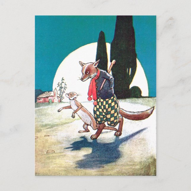Fox and Weasel Under the Full Moon Postcard (Front)