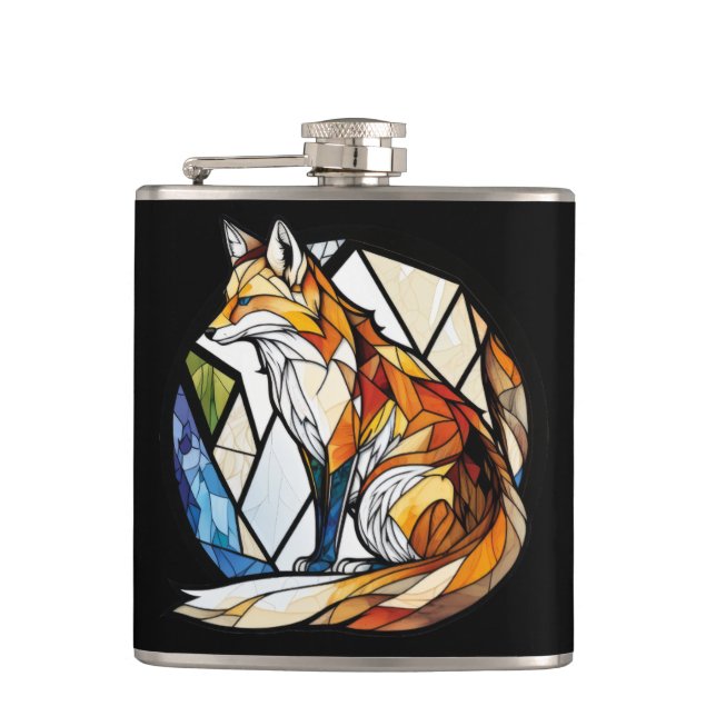 Fox Animal Portrait Stained Glass Wildlife Outdoor Hip Flask (Front)