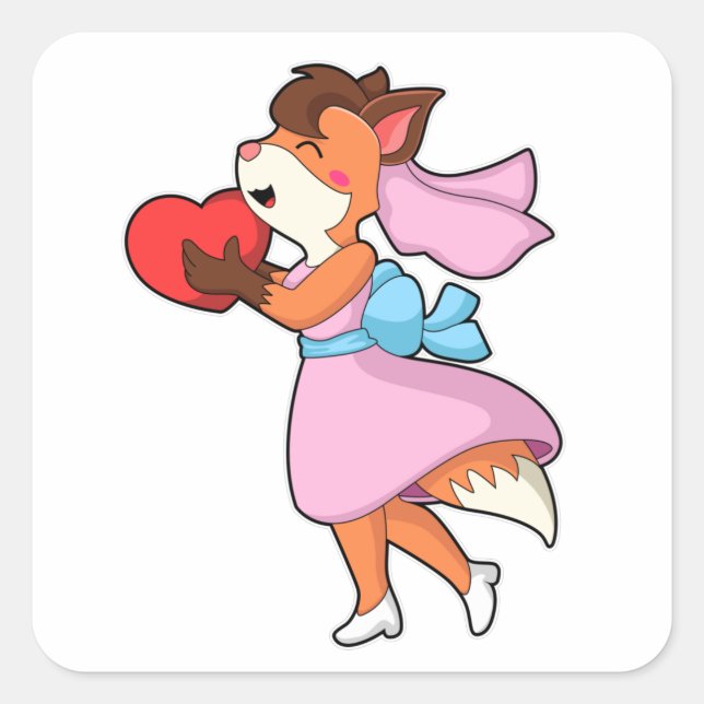 Fox as Bride with Dress & Heart Square Sticker (Front)