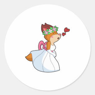 Fox as Bride with with Wedding dress & Flower wrea Classic Round Sticker