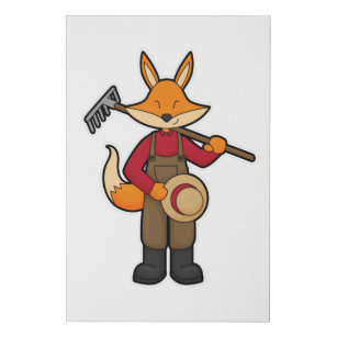 Fox as Farmer with Rake & Hat Faux Canvas Print