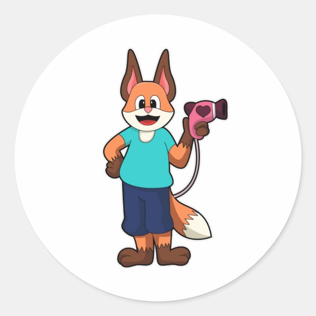 Fox as Hairdresser with Hairdryer Classic Round Sticker (Front)