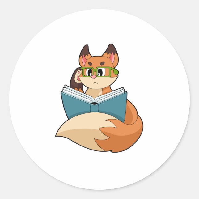 Fox as Nerd with Book & Glasses Classic Round Sticker (Front)