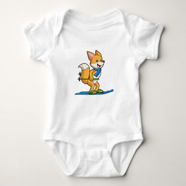Fox as Skier with Ski & Ski poles Baby Bodysuit (Front)