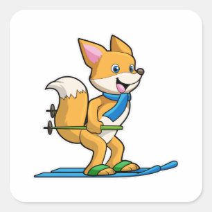 Fox as Skier with Ski & Ski poles Square Sticker