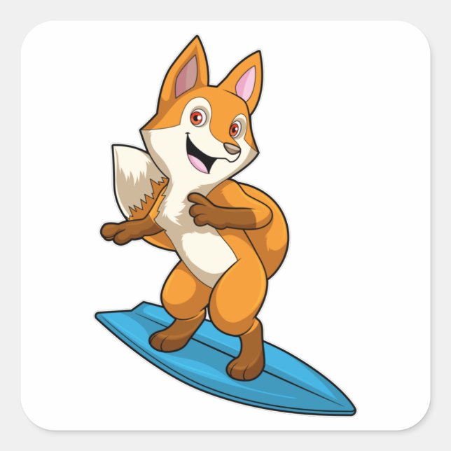 Fox as Surfer with Surfboard Square Sticker (Front)