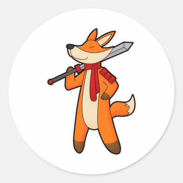 Fox as Warrior with Sword & Scarf Classic Round Sticker (Front)