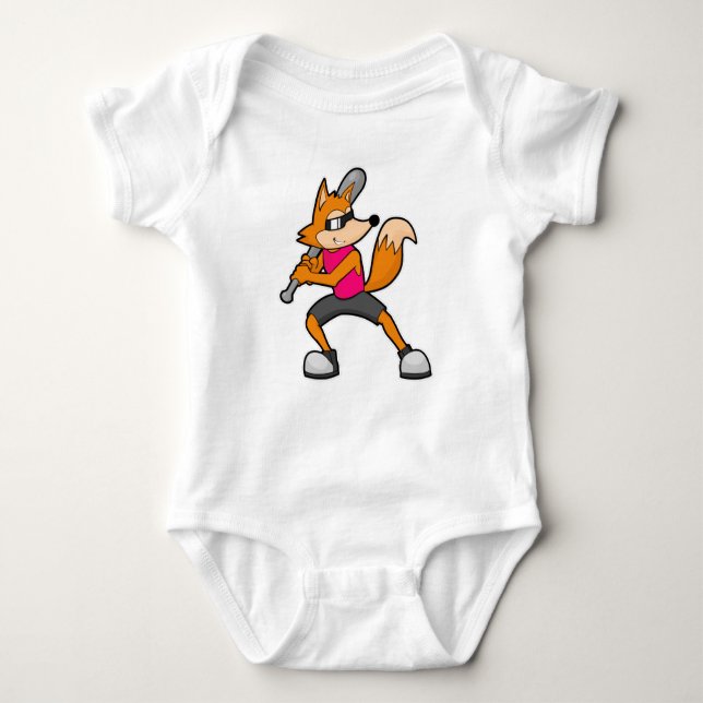 Fox at Baseball with Baseball bat Baby Bodysuit (Front)