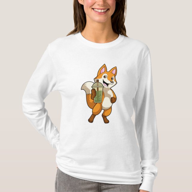 Fox at Drinking with Bubble Tea T-Shirt (Front)