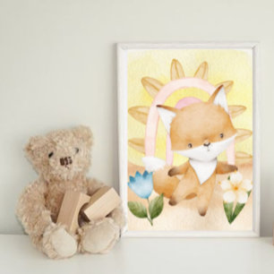 Fox, Baby Animals, Boho, Flowers, Rainbow Poster